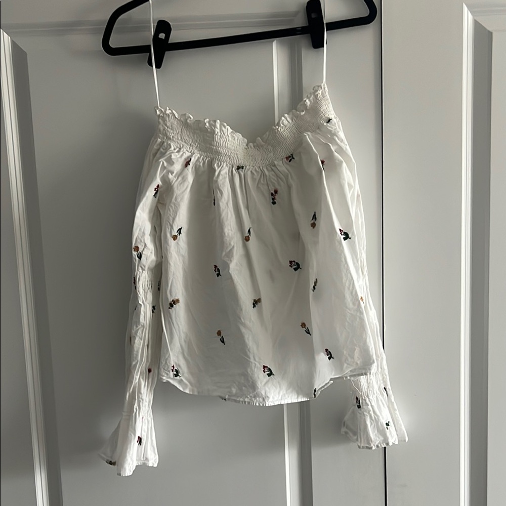 Zara White Off-Shoulder Long Sleeve Top with Floral Embroidery